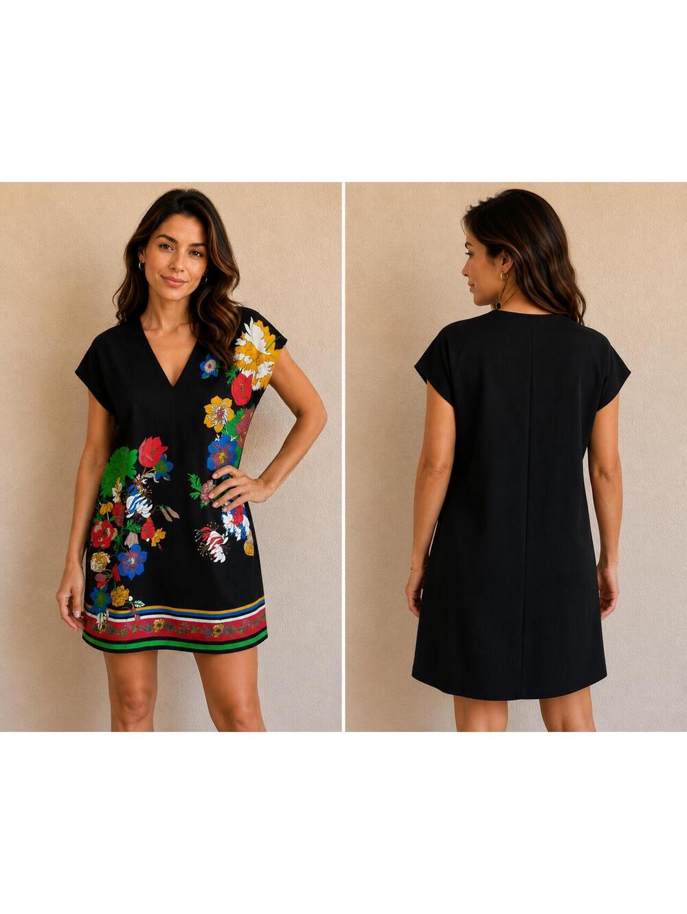 Zara Black Floral V-Neck Mini Dress Size S